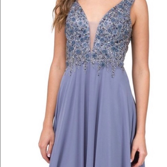 NWT! Floral Beaded Deep V-Neck A-Line Prom Dress - Picture 2 of 7
